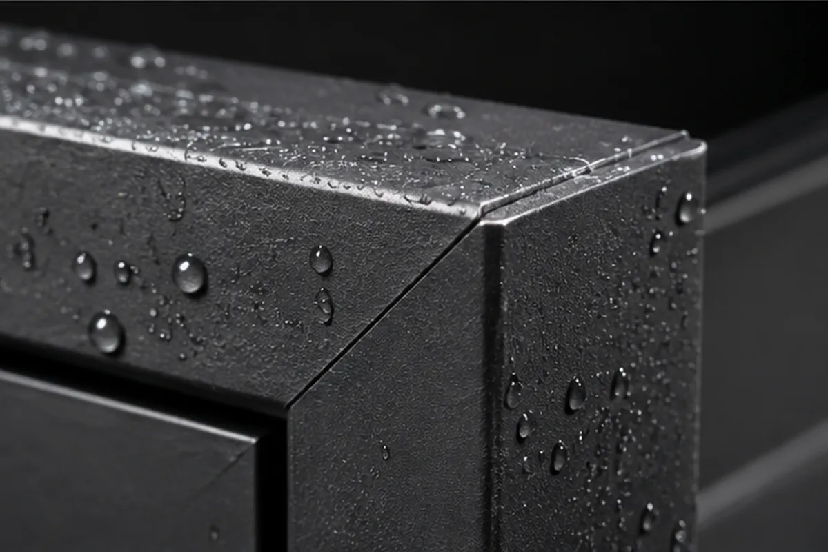 Détail d'un profilé aluminium thermolaqué anthracite sortant de l'atelier